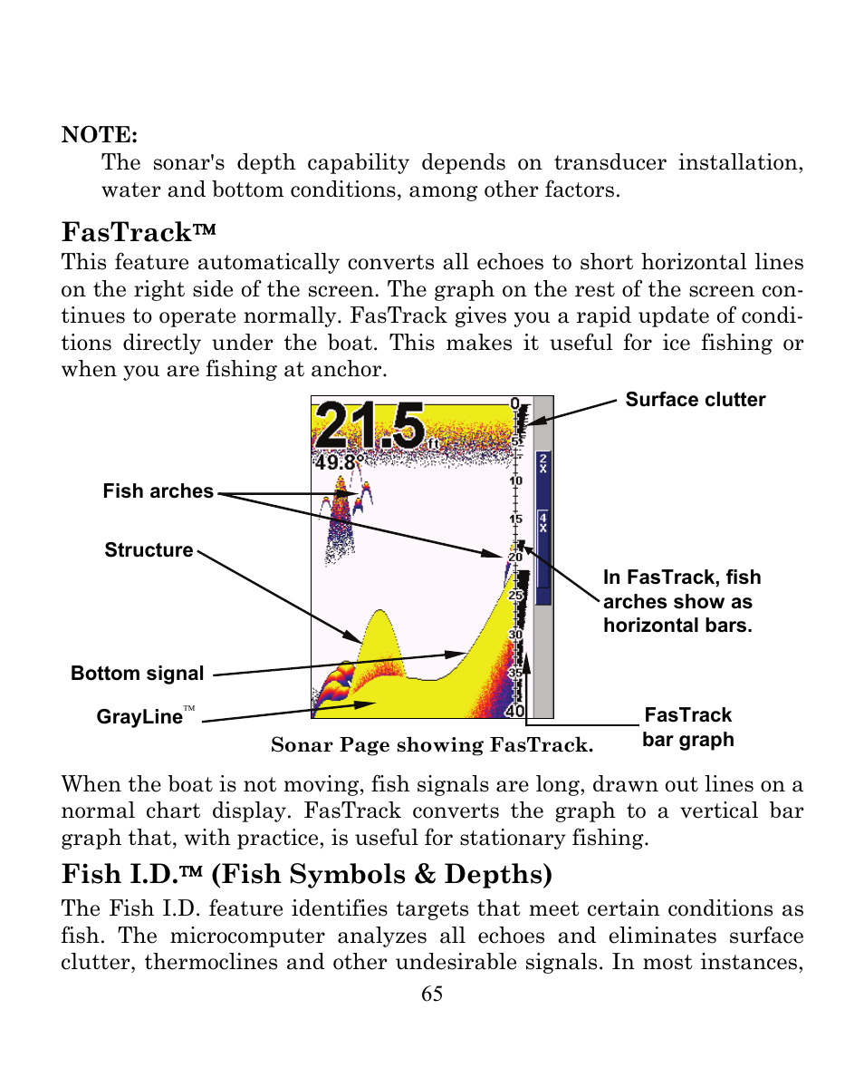 Fastrack, Fish i.d. ™ (fish symbols & depths) | Eagle Electronics CUDA 350 S/MAP User Manual | Page 73 / 180