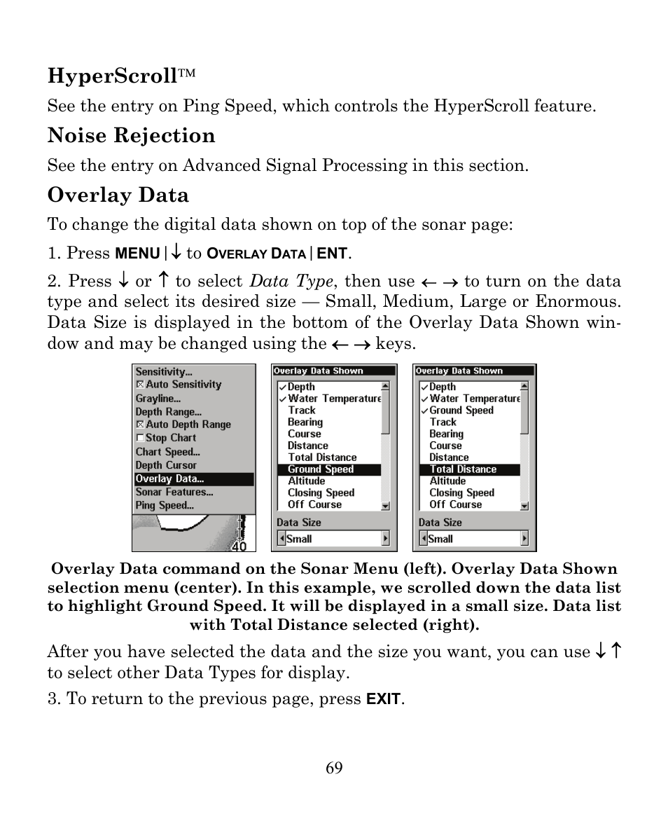 Hyperscroll, Noise rejection, Overlay data | Eagle Electronics CUDA 350 S/MAP User Manual | Page 77 / 180