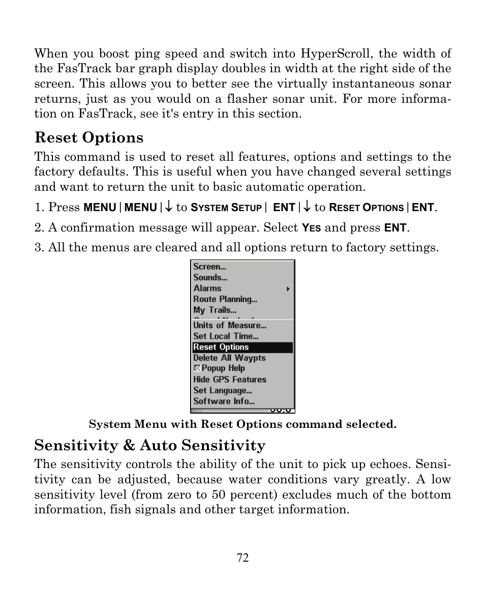 Reset options, Sensitivity & auto sensitivity | Eagle Electronics CUDA 350 S/MAP User Manual | Page 80 / 180