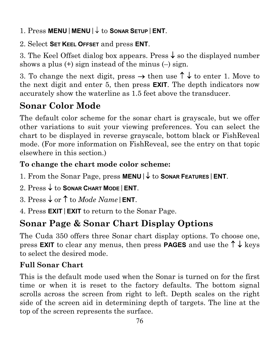 Sonar color mode, Sonar page & sonar chart display options | Eagle Electronics CUDA 350 S/MAP User Manual | Page 84 / 180