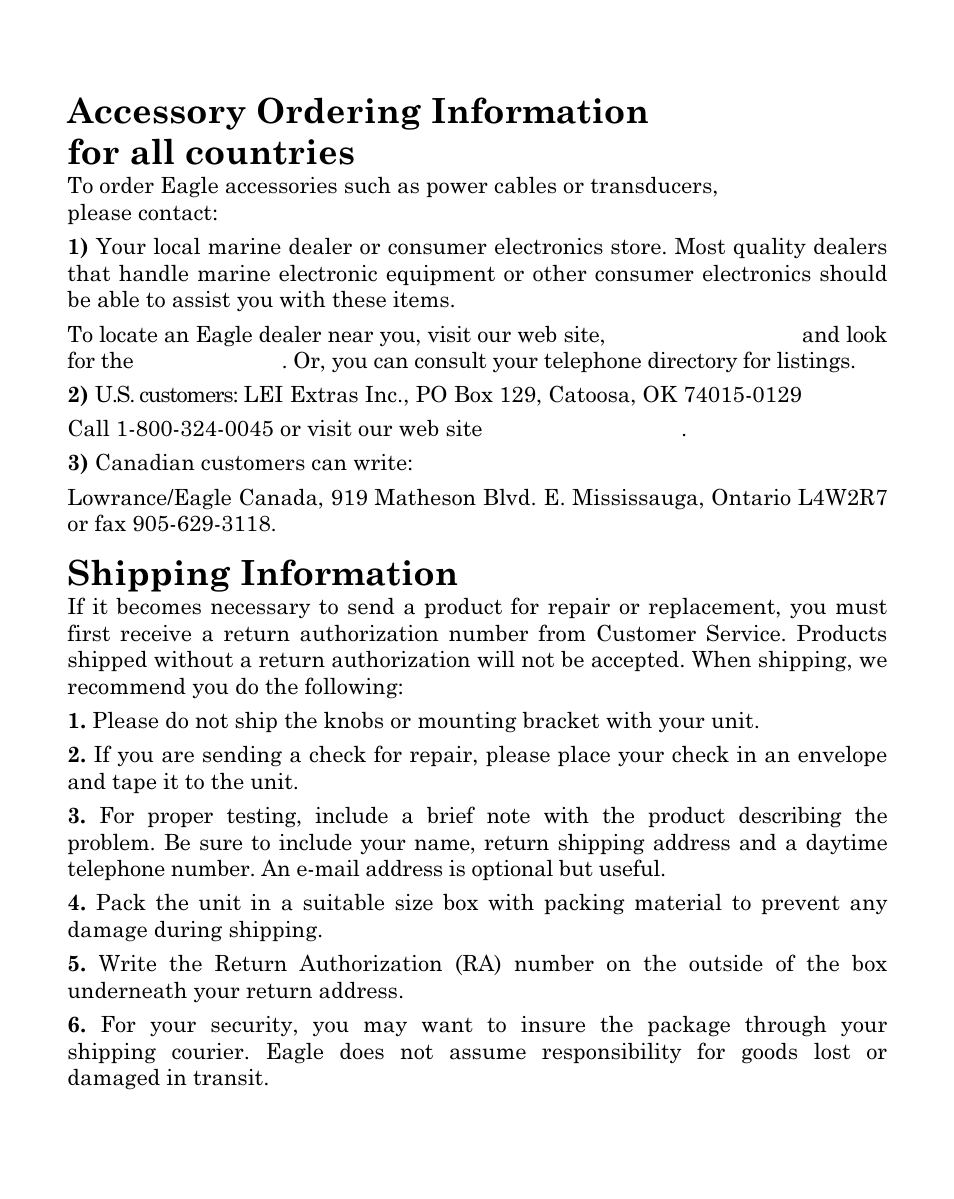 Accessory ordering information for all countries, Shipping information | Eagle Electronics FISHEASY 320C User Manual | Page 103 / 104