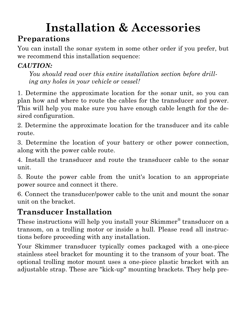 Installation & accessories, Preparations, Transducer installation | Eagle Electronics FISHEASY 320C User Manual | Page 13 / 104