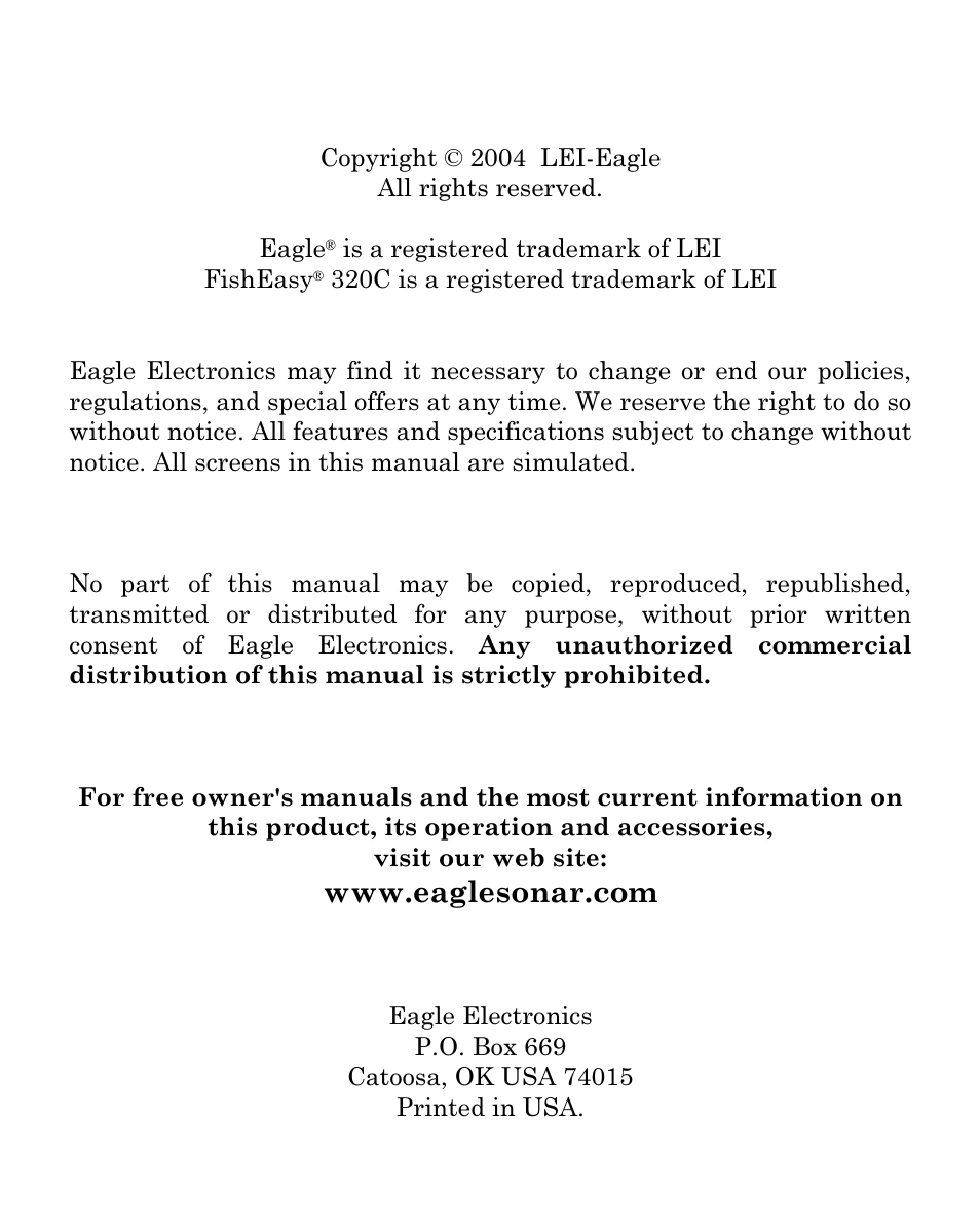 Eagle Electronics FISHEASY 320C User Manual | Page 2 / 104