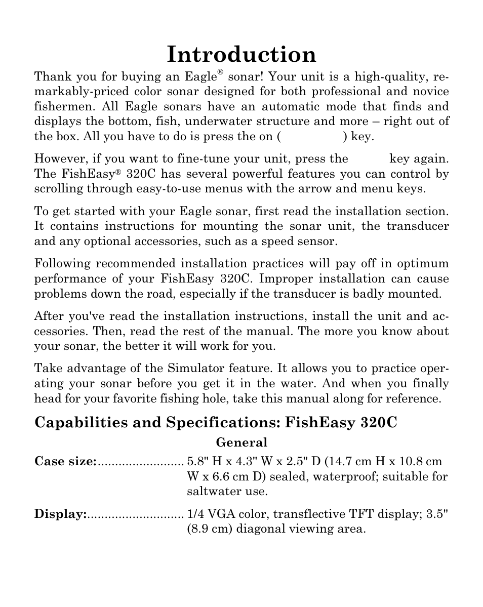 Introduction, Capabilities and specifications: fisheasy 320c | Eagle Electronics FISHEASY 320C User Manual | Page 7 / 104