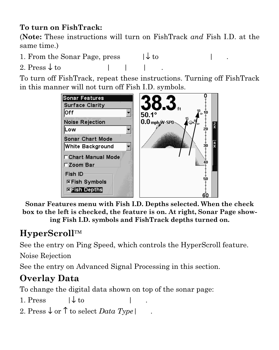 Hyperscroll, Overlay data | Eagle Electronics FISHEASY 320C User Manual | Page 73 / 104