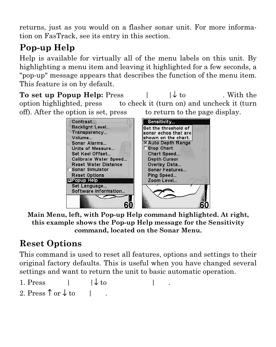 Pop-up help, Reset options | Eagle Electronics FISHEASY 320C User Manual | Page 78 / 104