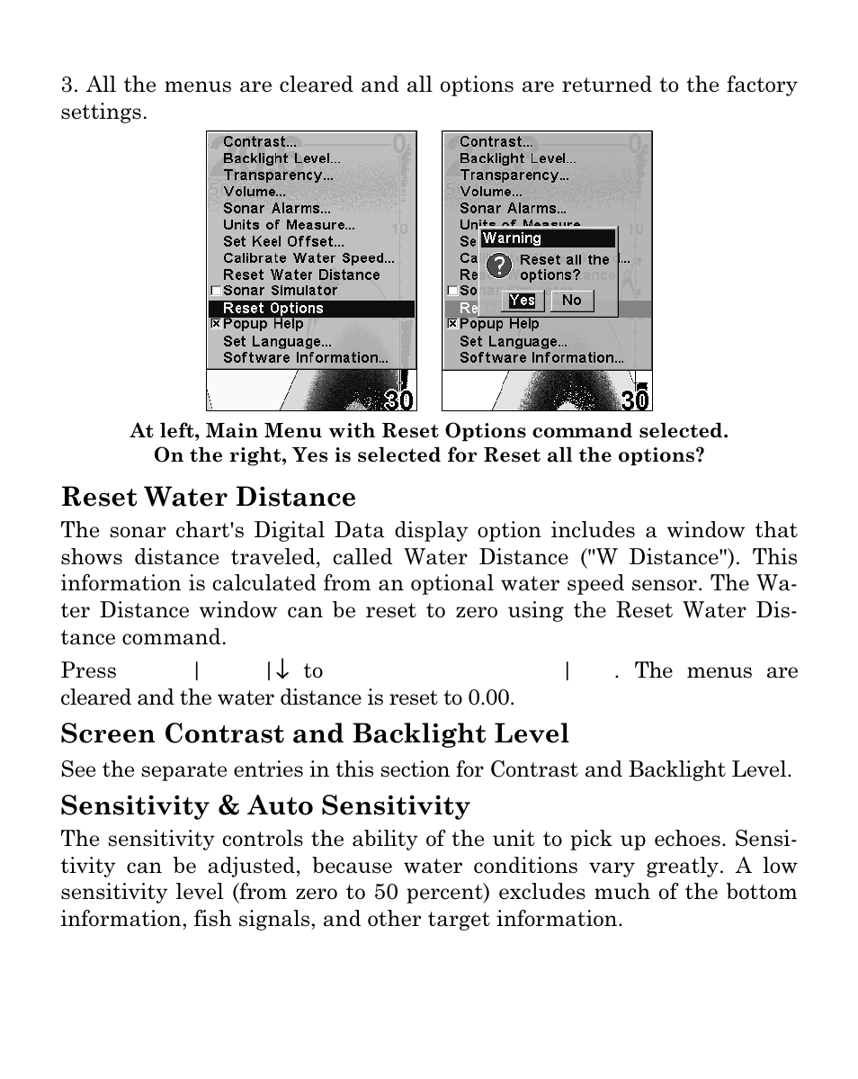 Reset water distance, Screen contrast and backlight level, Sensitivity & auto sensitivity | Eagle Electronics FISHEASY 320C User Manual | Page 79 / 104