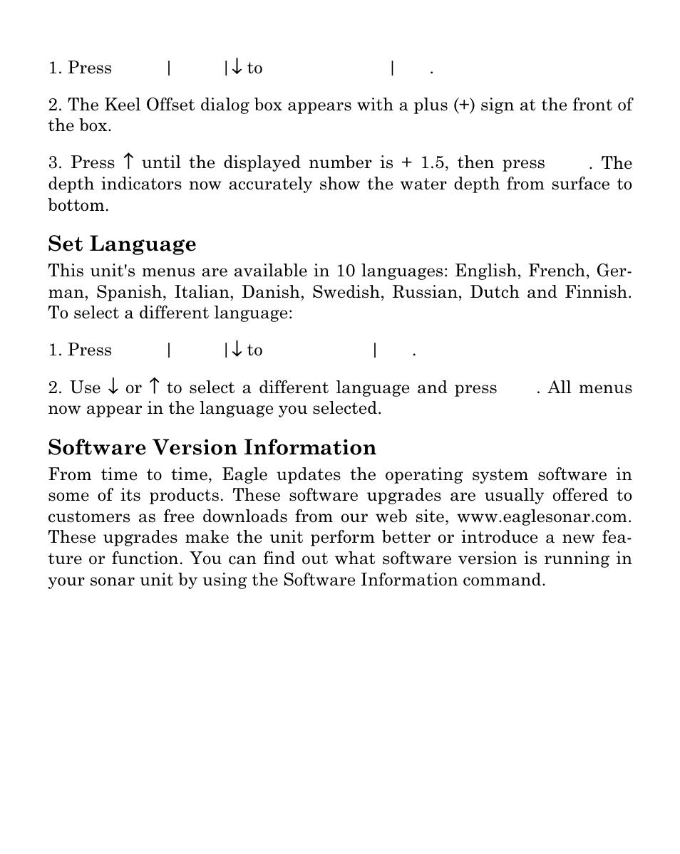 Set language, Software version information | Eagle Electronics FISHEASY 320C User Manual | Page 83 / 104