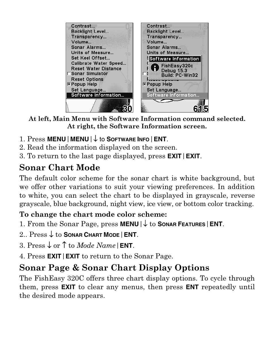 Sonar chart mode, Sonar page & sonar chart display options | Eagle Electronics FISHEASY 320C User Manual | Page 84 / 104