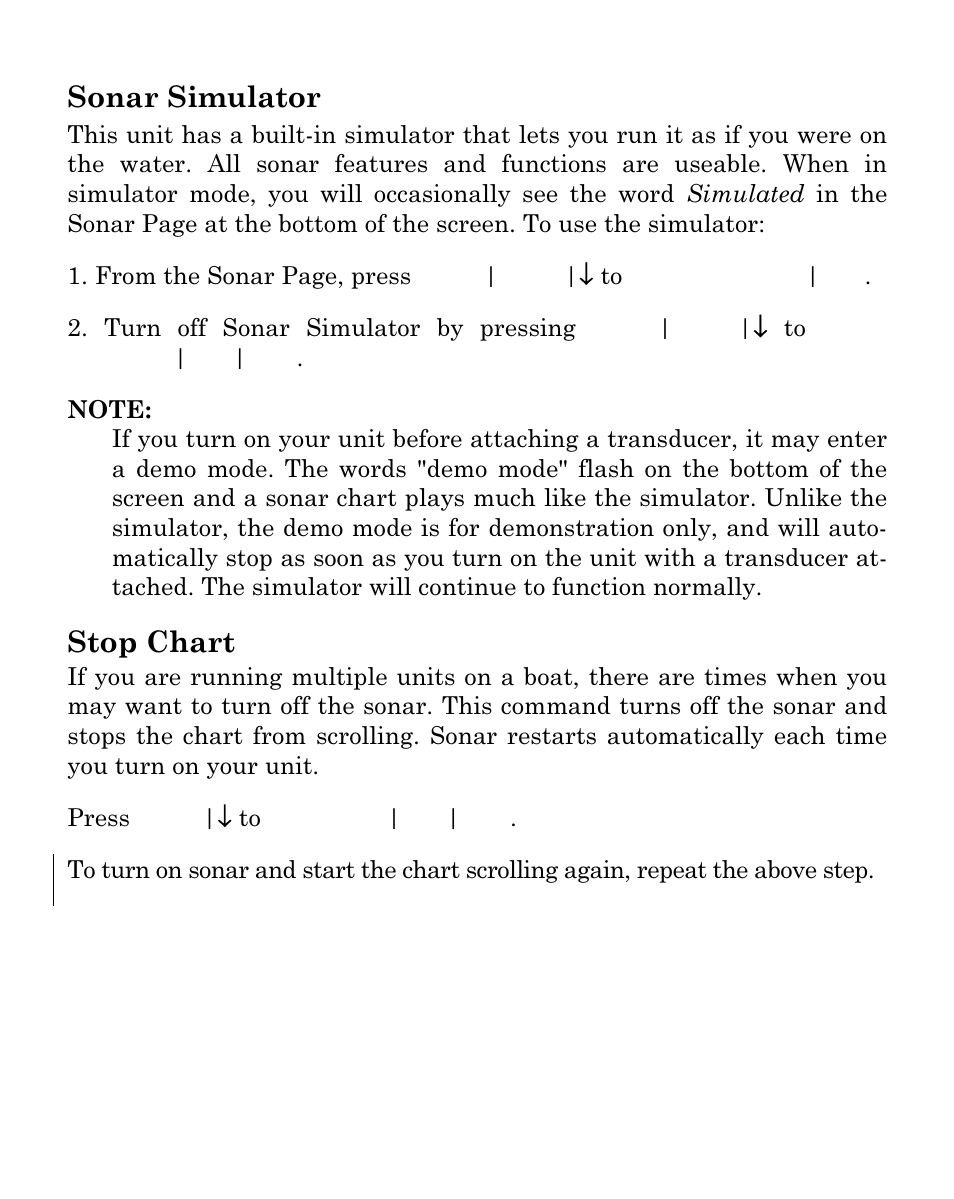 Sonar simulator, Stop chart | Eagle Electronics FISHEASY 320C User Manual | Page 87 / 104