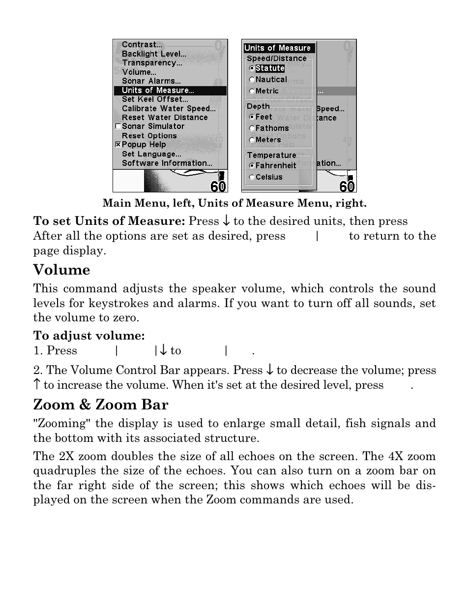 Volume, Zoom & zoom bar | Eagle Electronics FISHEASY 320C User Manual | Page 91 / 104