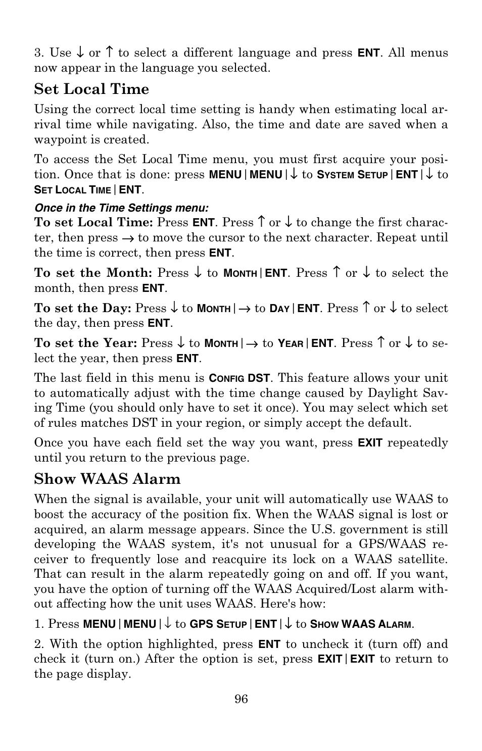 Set local time, Show waas alarm | Eagle Electronics IntelliMap 500C User Manual | Page 102 / 140