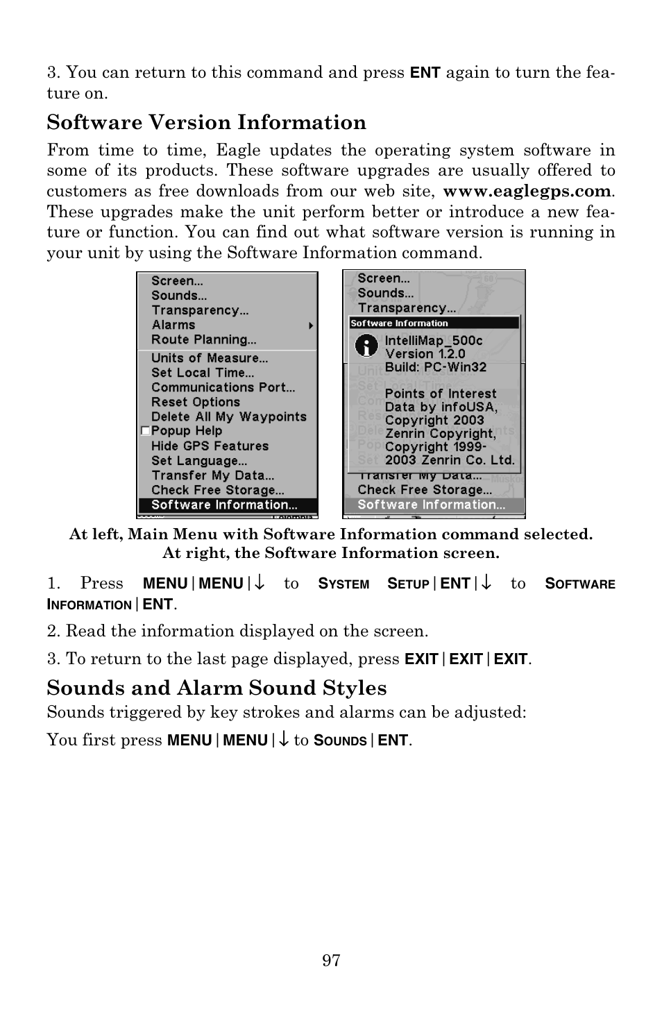 Software version information, Sounds and alarm sound styles | Eagle Electronics IntelliMap 500C User Manual | Page 103 / 140