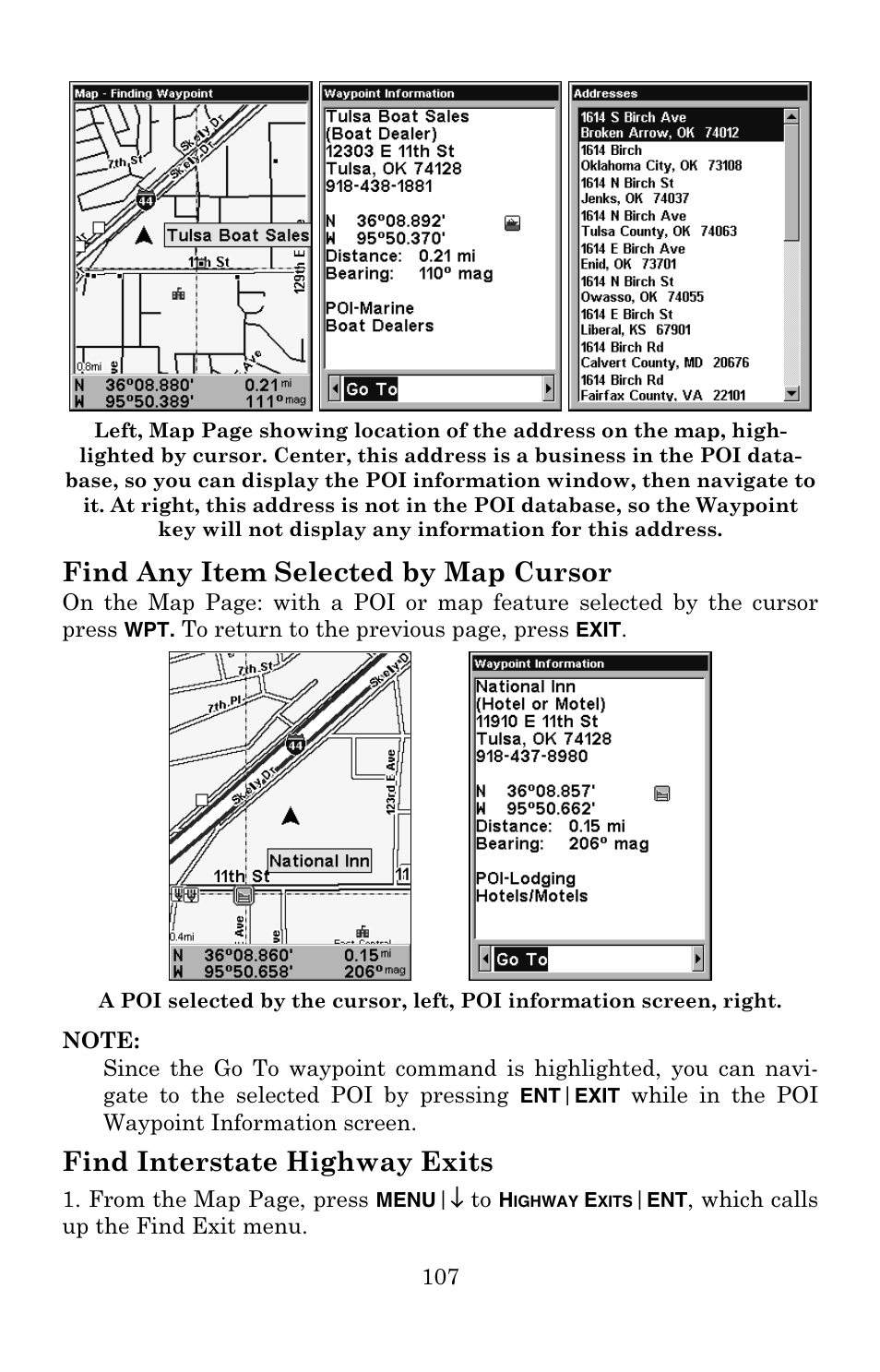 Find any item selected by map cursor, Find interstate highway exits | Eagle Electronics IntelliMap 500C User Manual | Page 113 / 140