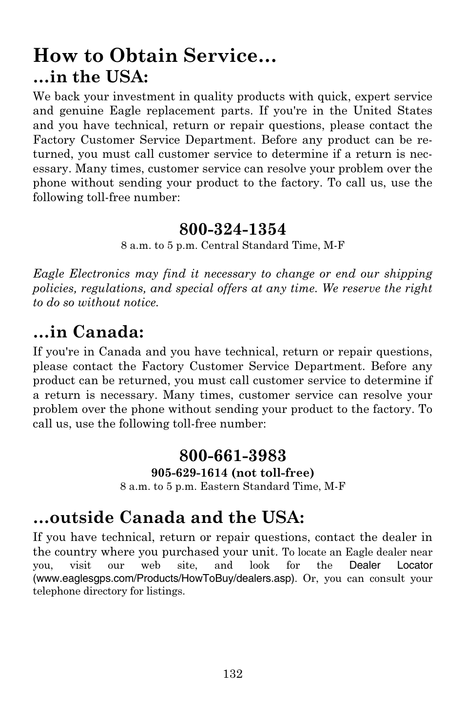 How to obtain service, Outside canada and the usa | Eagle Electronics IntelliMap 500C User Manual | Page 138 / 140