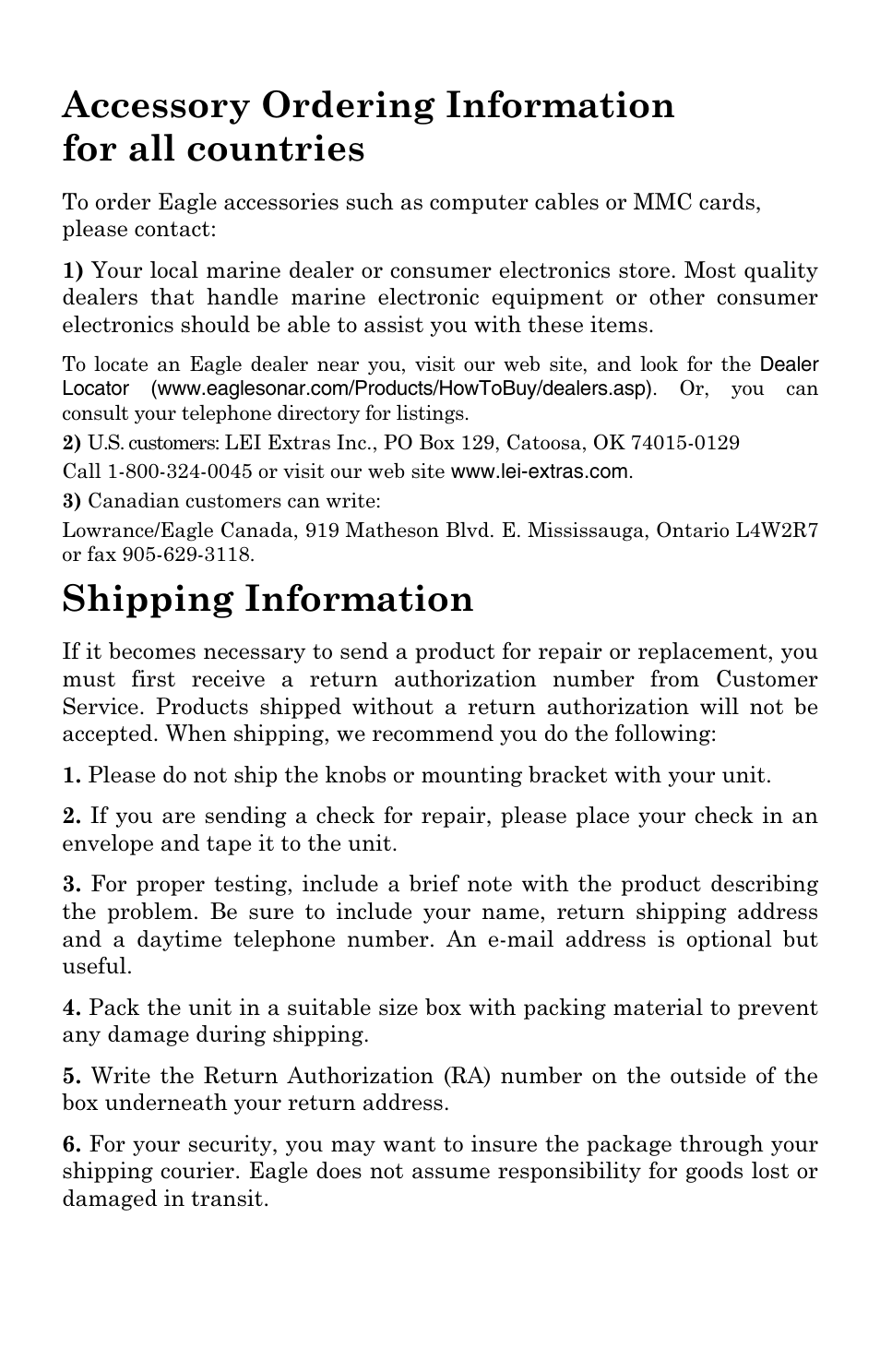 Accessory ordering information for all countries, Shipping information | Eagle Electronics IntelliMap 500C User Manual | Page 139 / 140