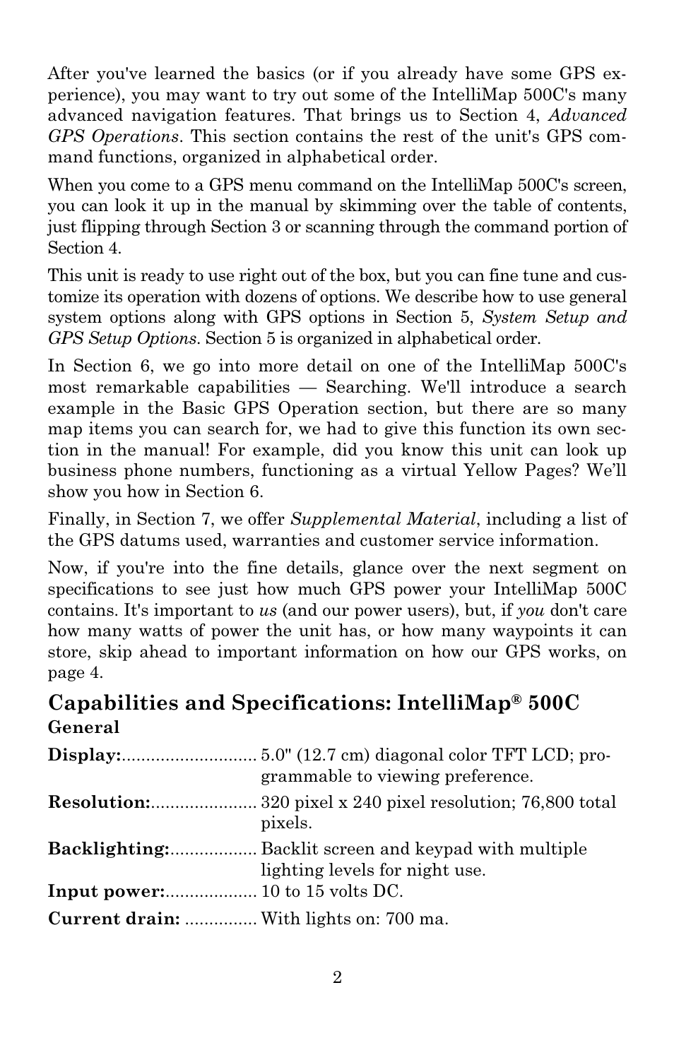 Capabilities and specifications: intellimap, 500c | Eagle Electronics IntelliMap 500C User Manual | Page 8 / 140