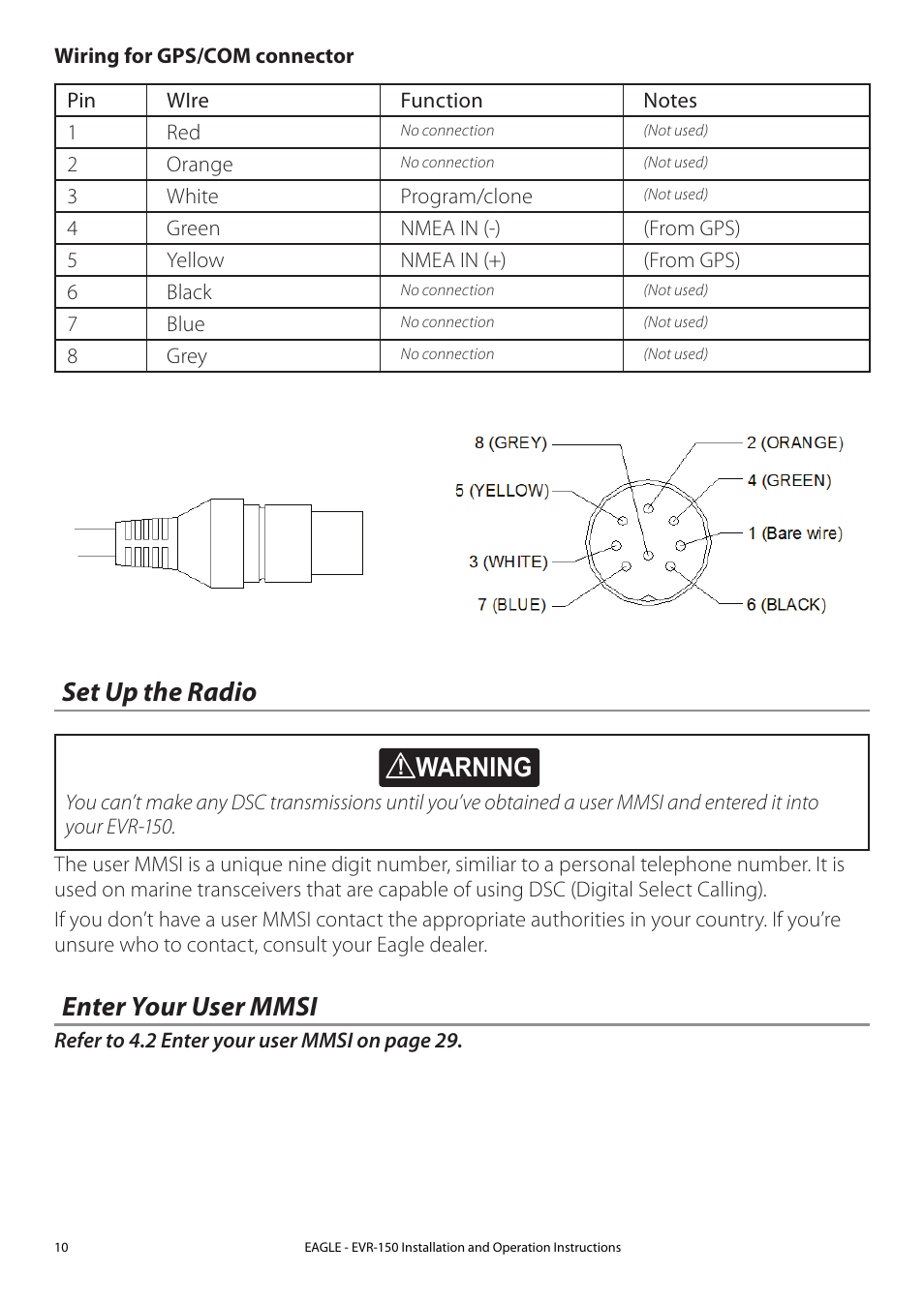 Set up the radio, Enter your user mmsi, Warning | Eagle Electronics EVR-150 User Manual | Page 10 / 60