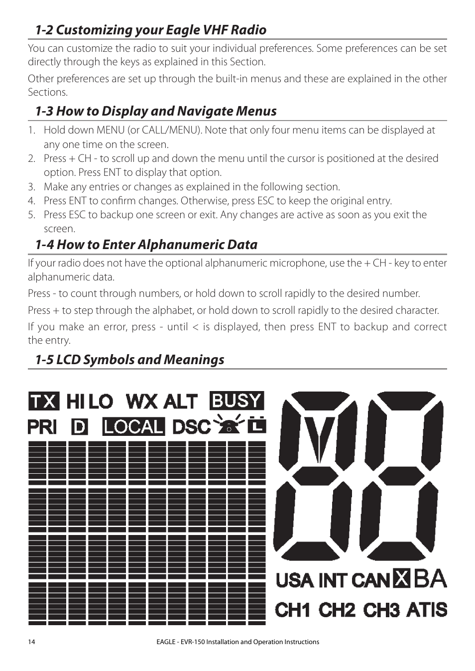 2 customizing your navman vhf radio, 3 how to display and navigate menus, 4 how to enter alphanumeric data | 5 lcd symbols and meanings, 2 customizing your eagle vhf radio | Eagle Electronics EVR-150 User Manual | Page 14 / 60