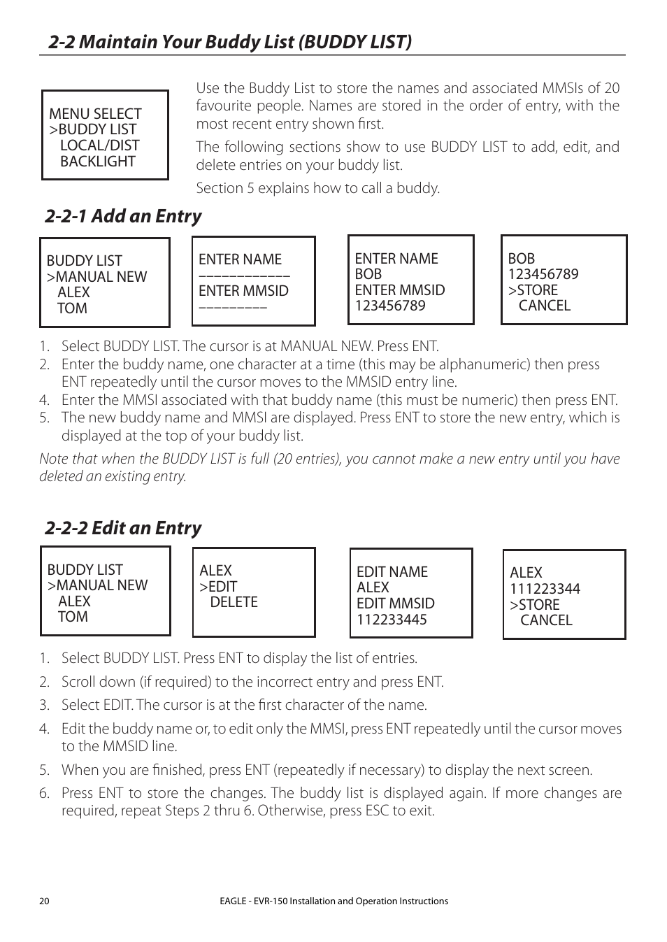 2 maintain your buddy list (buddy list), 2-1 add an entry, 2-2 edit an entry | Eagle Electronics EVR-150 User Manual | Page 20 / 60