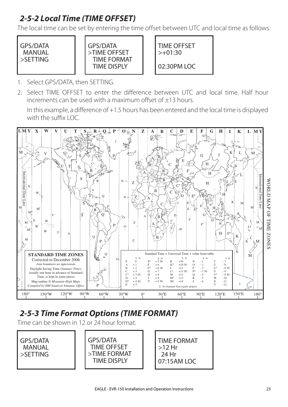 5-3 time format options (time format), 5-4 time display options (time display), 5-2 local time (time offset) | Eagle Electronics EVR-150 User Manual | Page 23 / 60