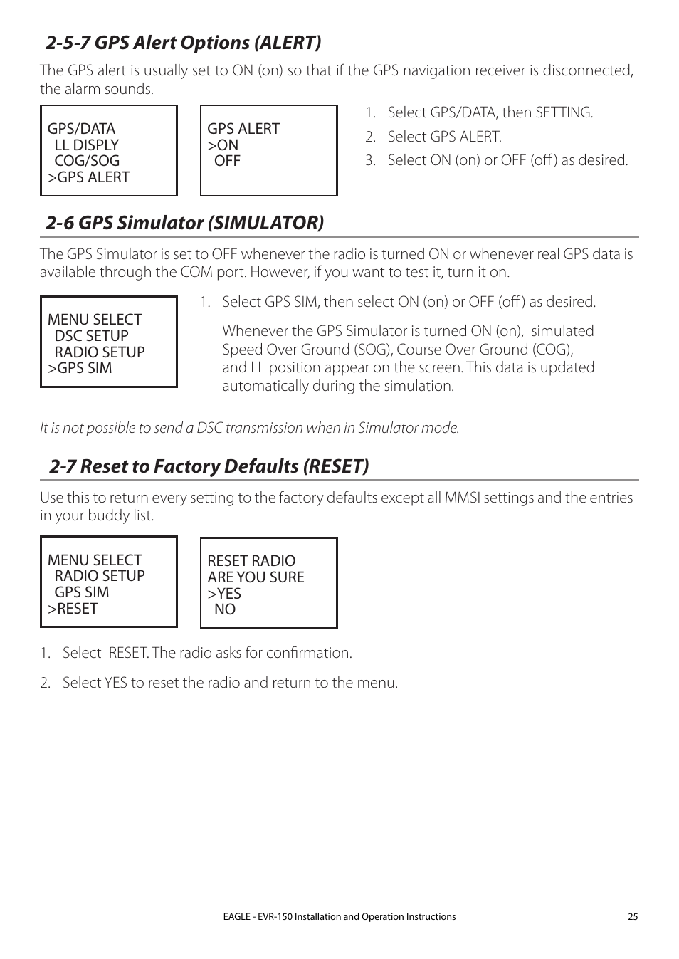 6 gps simulator (simulator), 7 reset to factory defaults (reset), 5-7 gps alert options (alert) | Eagle Electronics EVR-150 User Manual | Page 25 / 60