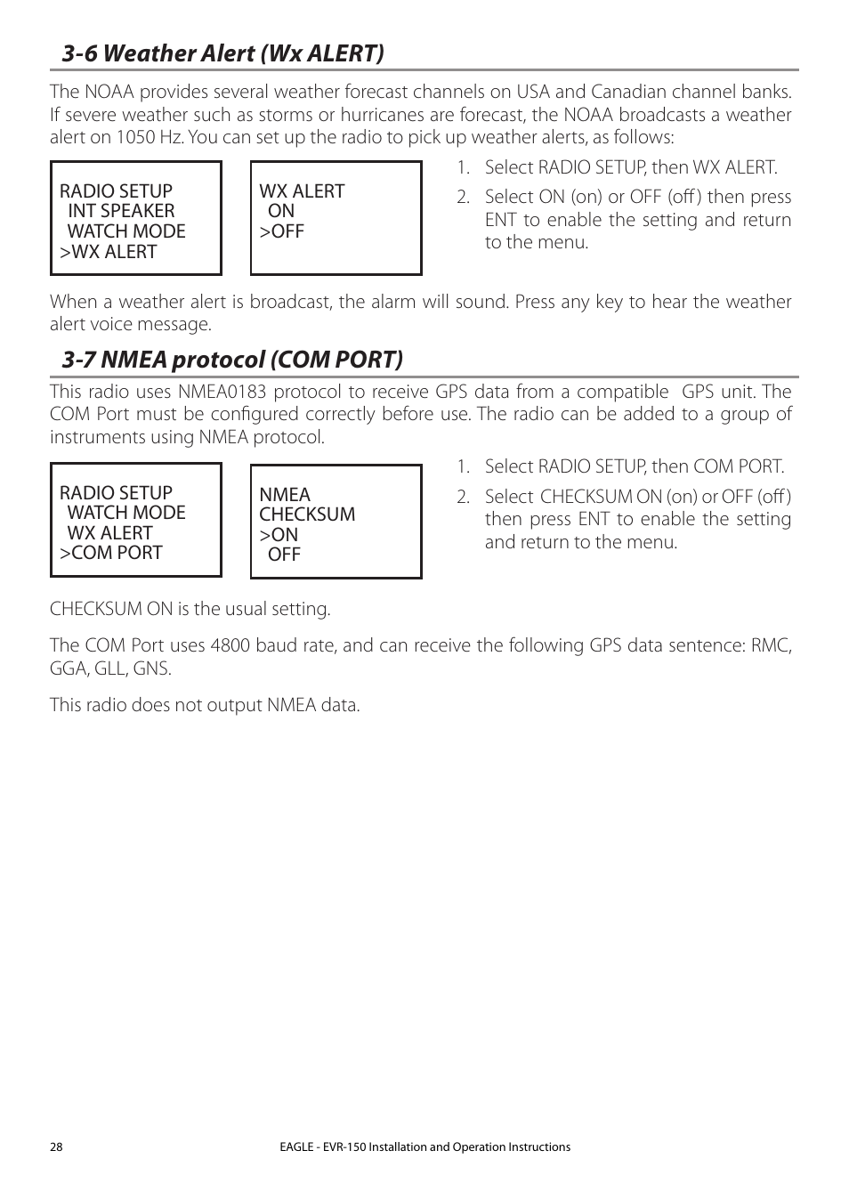 6 weather alert (wx alert), 7 nmea protocol (com port) | Eagle Electronics EVR-150 User Manual | Page 28 / 60