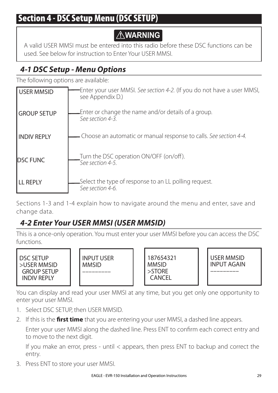 2 enter your user mmsid (user mmsid), 1 dsc setup - menu options, Section 4 - dsc setup menu (dsc setup) | 2 enter your user mmsi (user mmsid), Warning | Eagle Electronics EVR-150 User Manual | Page 29 / 60