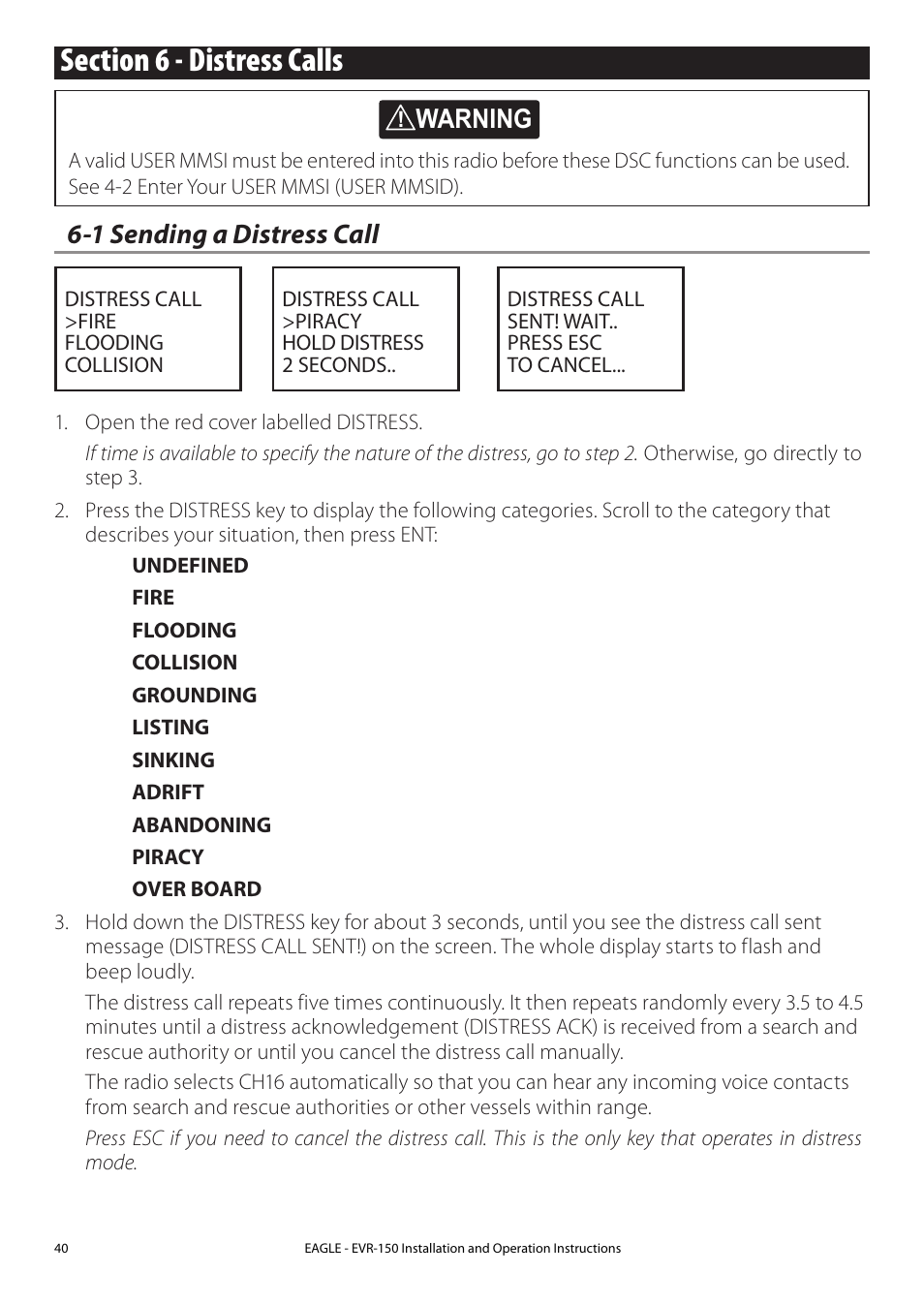 Section 6 - distress calls, 1 sending a distress call, Warning | Eagle Electronics EVR-150 User Manual | Page 40 / 60