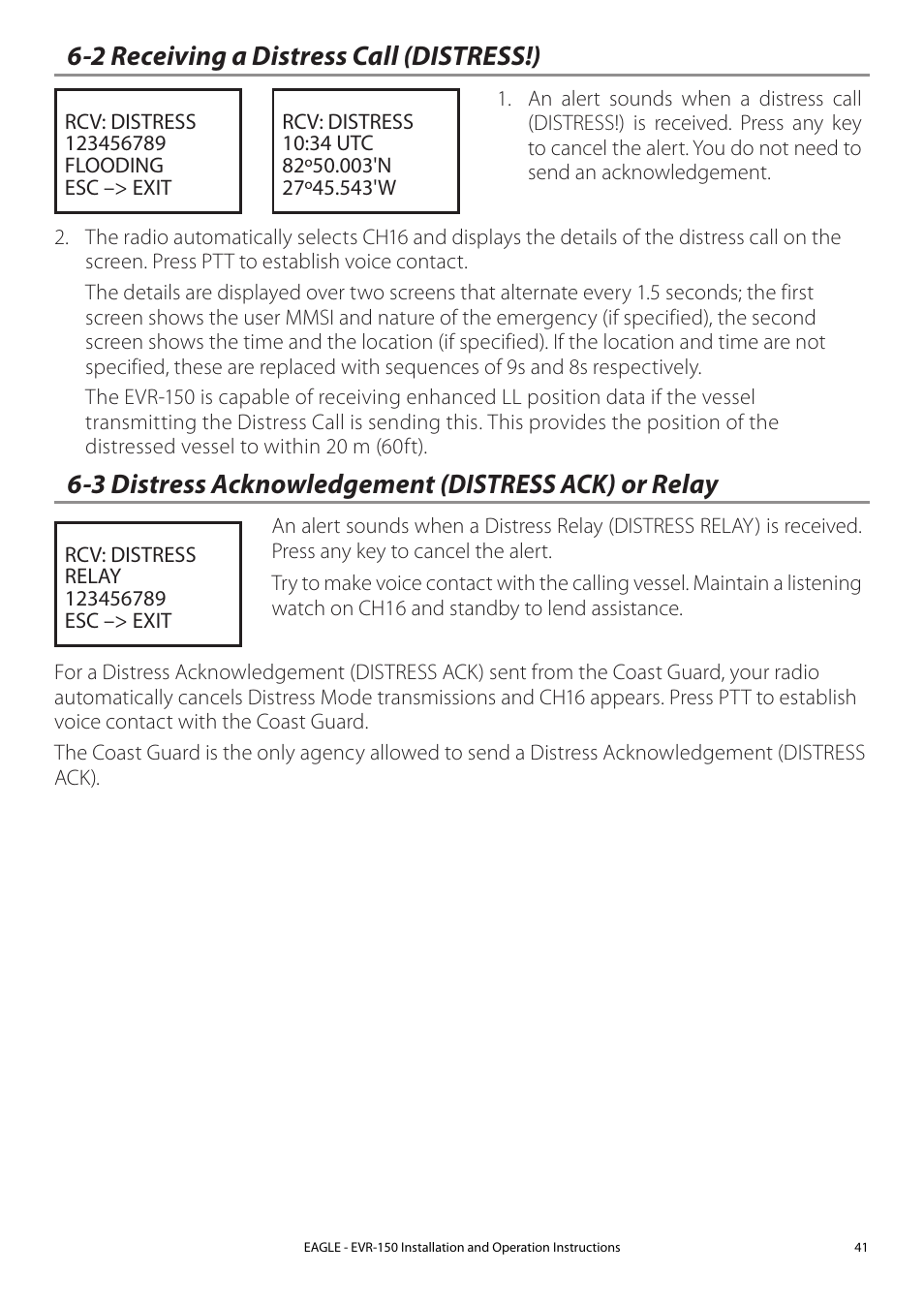 2 receiving a distress call (distress!), 3 distress acknowledgement (distress ack) or relay | Eagle Electronics EVR-150 User Manual | Page 41 / 60