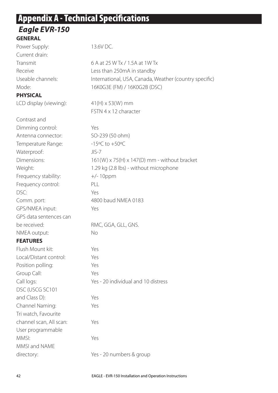 Appendix a - technical specifications, Eagle evr-150 | Eagle Electronics EVR-150 User Manual | Page 42 / 60