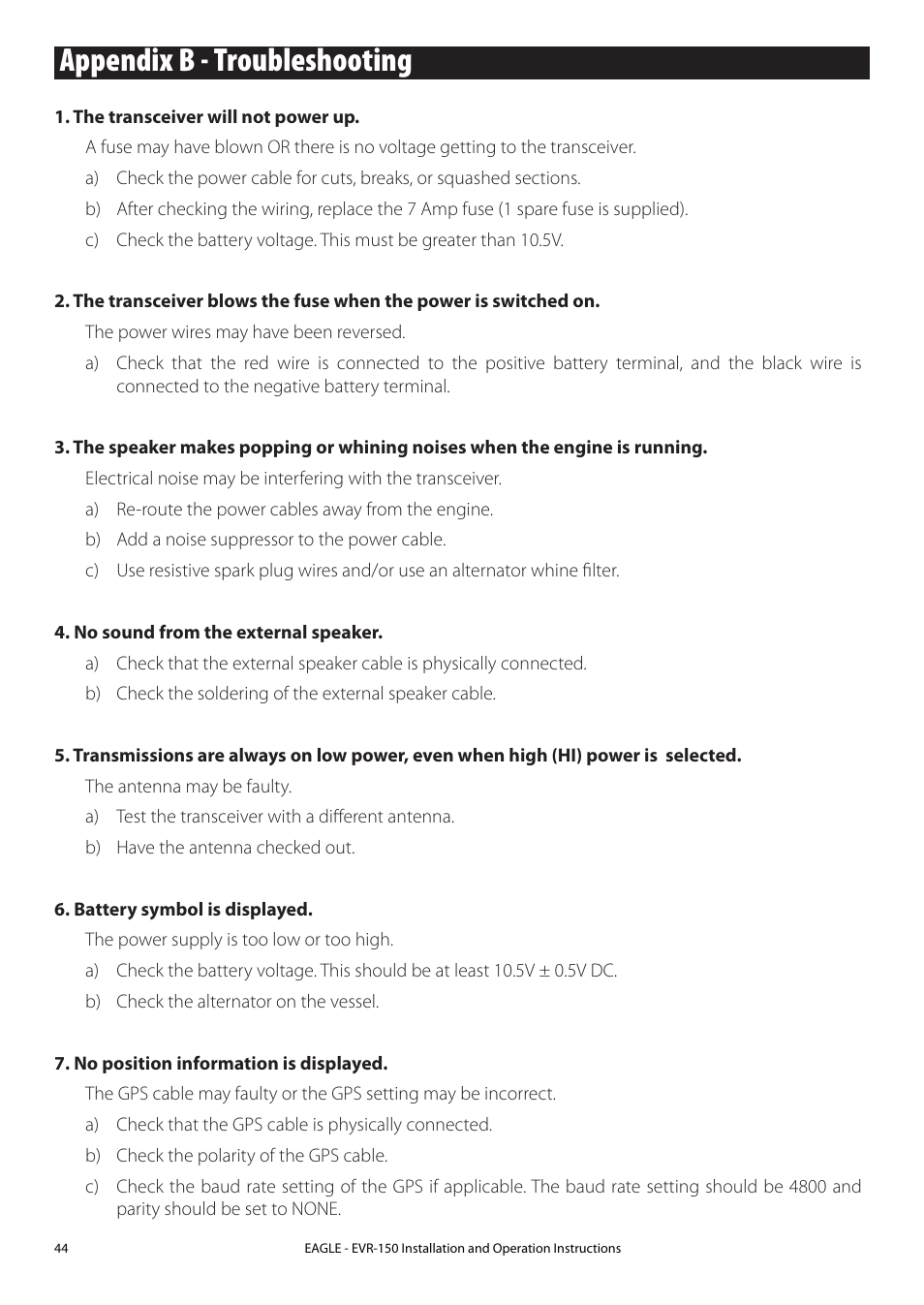 Appendix b - troubleshooting | Eagle Electronics EVR-150 User Manual | Page 44 / 60
