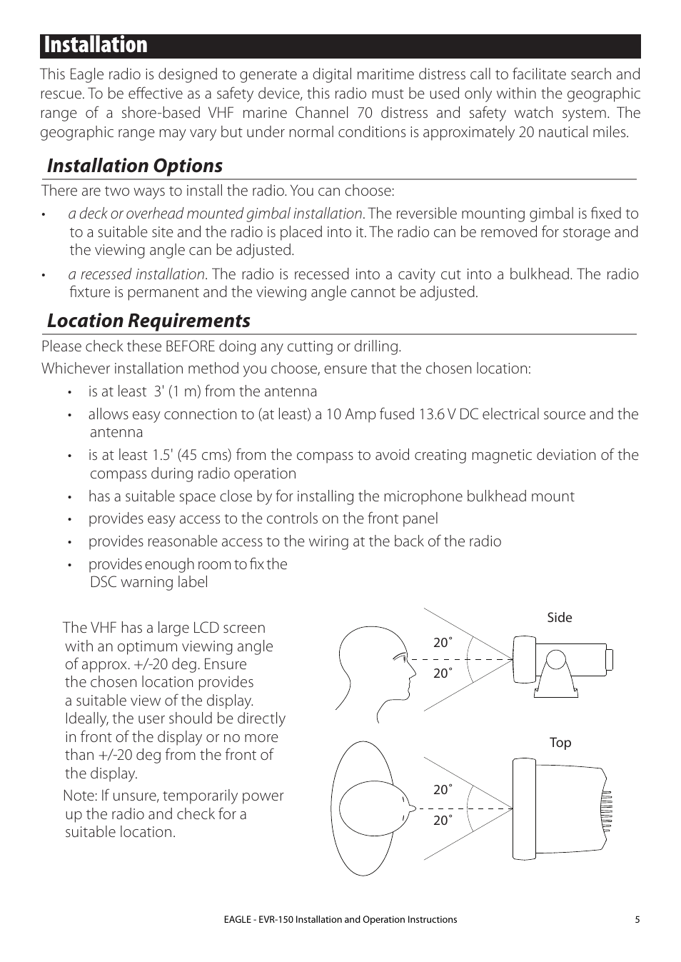 Installation, Installation options, Location requirements | Eagle Electronics EVR-150 User Manual | Page 5 / 60