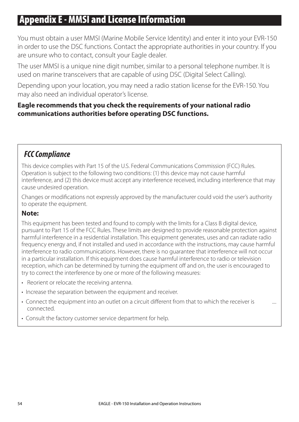 Appendix d - mmsid & license information, Appendix e - mmsi and license information, Fcc compliance | Eagle Electronics EVR-150 User Manual | Page 54 / 60