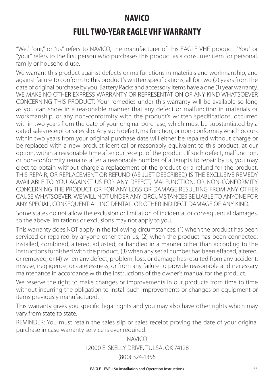 Eagle warranty, Navico full two-year eagle vhf warranty | Eagle Electronics EVR-150 User Manual | Page 55 / 60