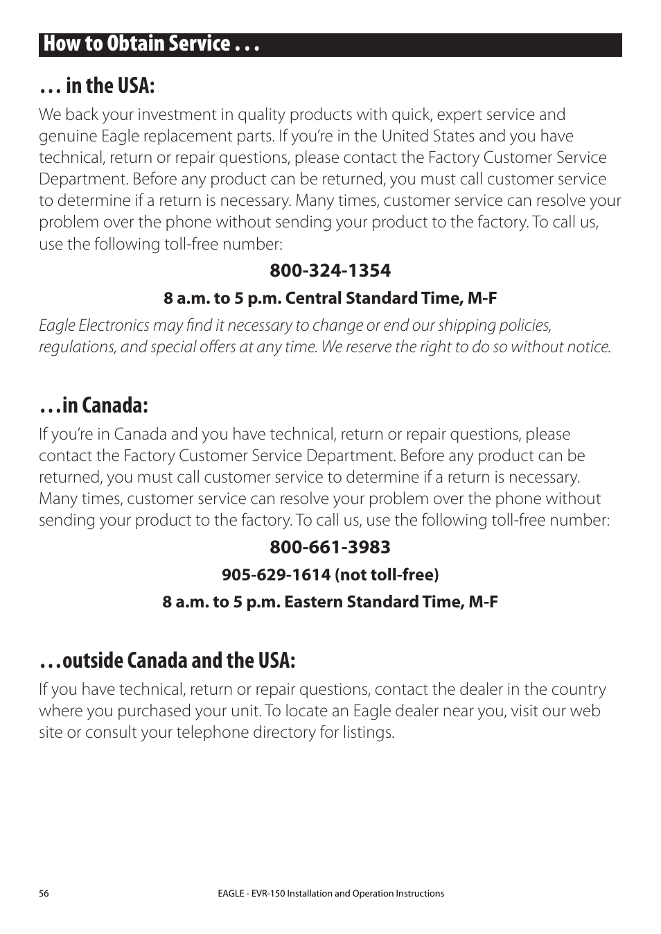 How to obtain service, Outside canada and the usa | Eagle Electronics EVR-150 User Manual | Page 56 / 60