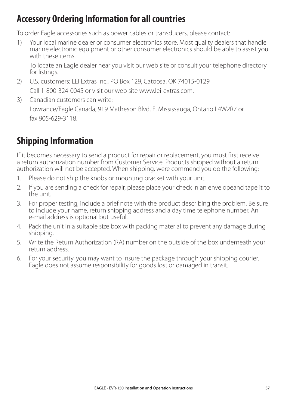 Accessory ordering information for all countries, Shipping information | Eagle Electronics EVR-150 User Manual | Page 57 / 60