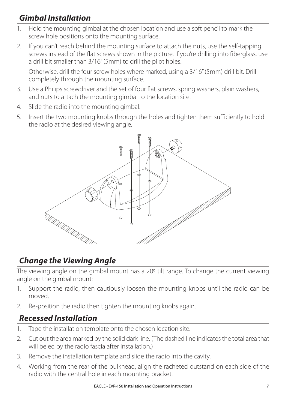 Gimbal installation, Change the viewing angle, Recessed installation | Eagle Electronics EVR-150 User Manual | Page 7 / 60