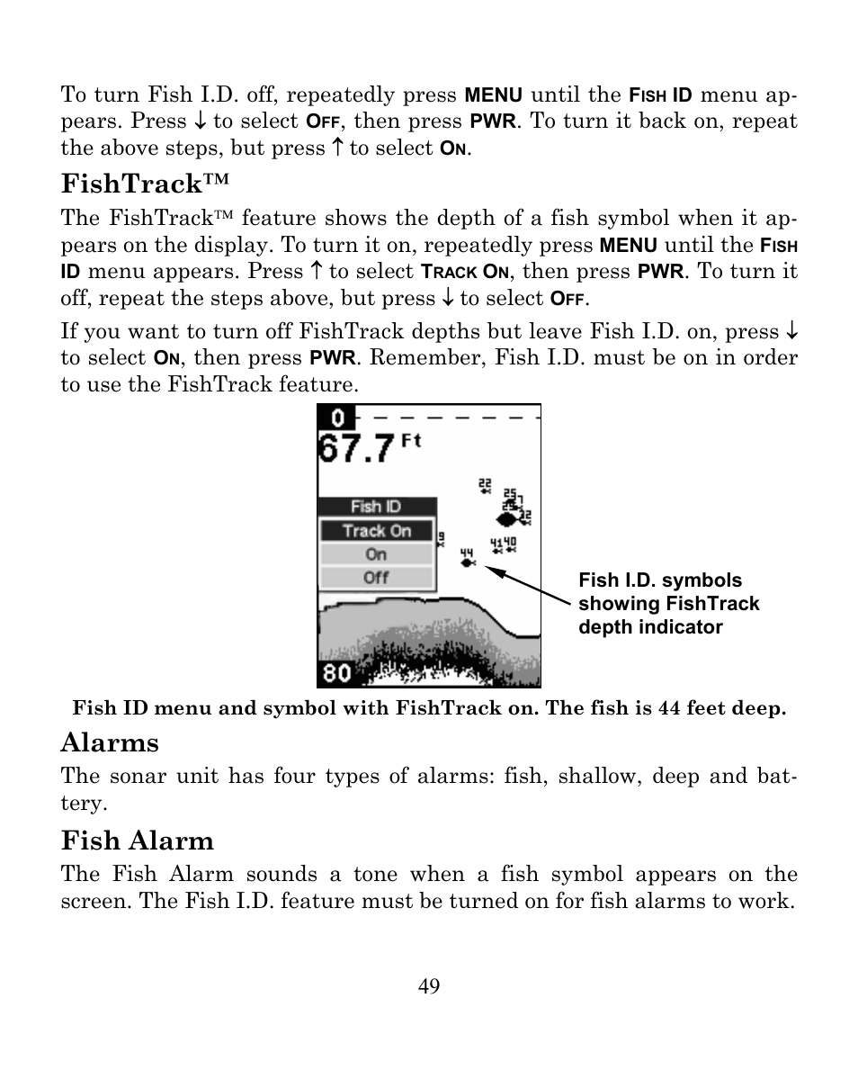 Fishtrack, Alarms, Fish alarm | Eagle Electronics FISHEASY 245DS User Manual | Page 53 / 72