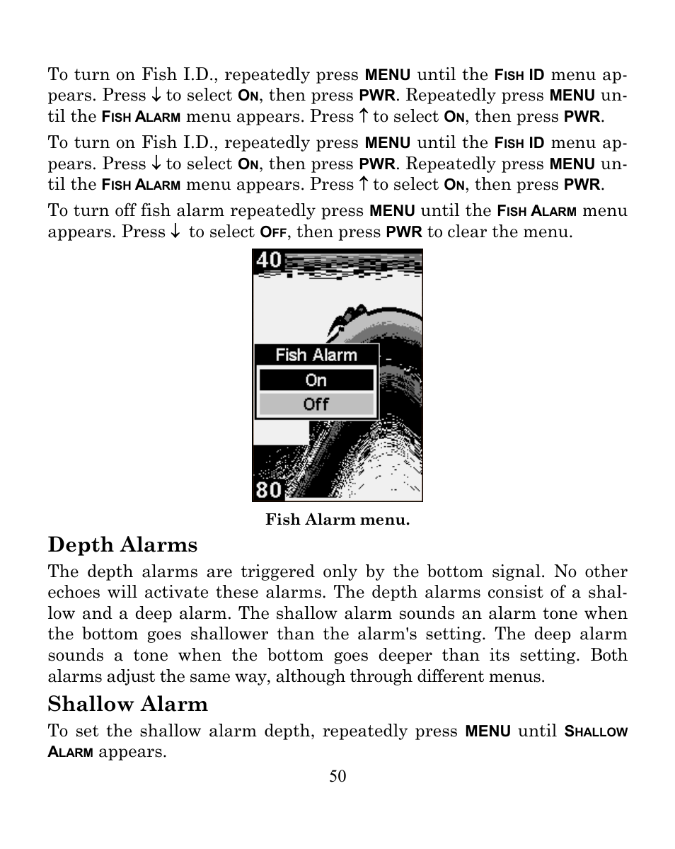 Depth alarms, Shallow alarm | Eagle Electronics FISHEASY 245DS User Manual | Page 54 / 72