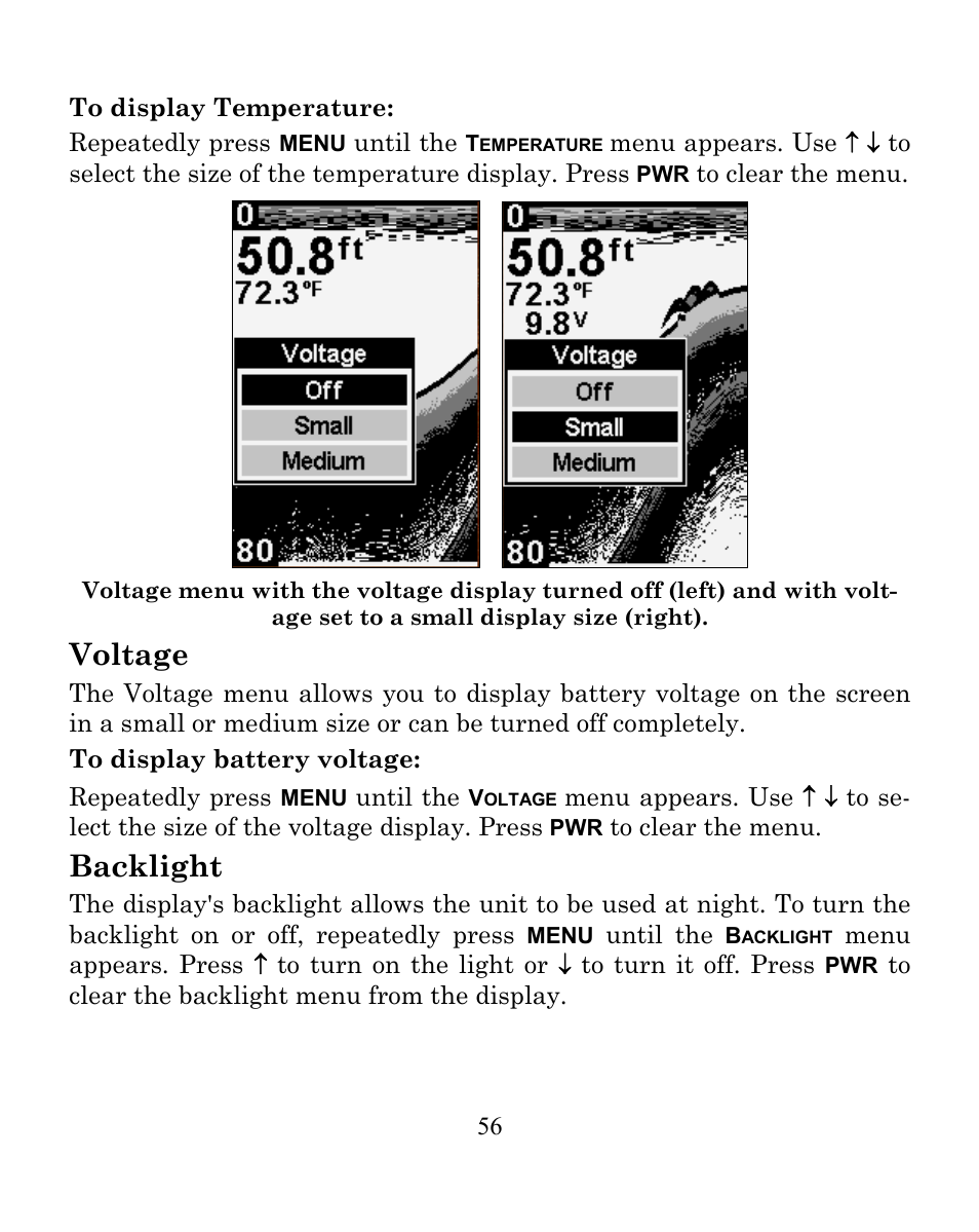 Voltage, Backlight | Eagle Electronics FISHEASY 245DS User Manual | Page 60 / 72