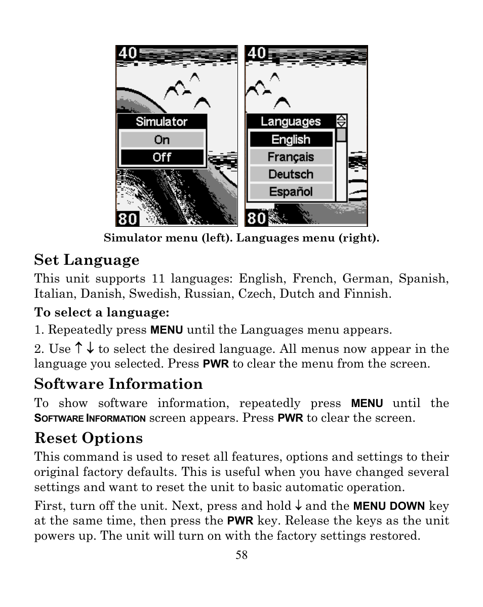 Set language, Software information, Reset options | Eagle Electronics FISHEASY 245DS User Manual | Page 62 / 72