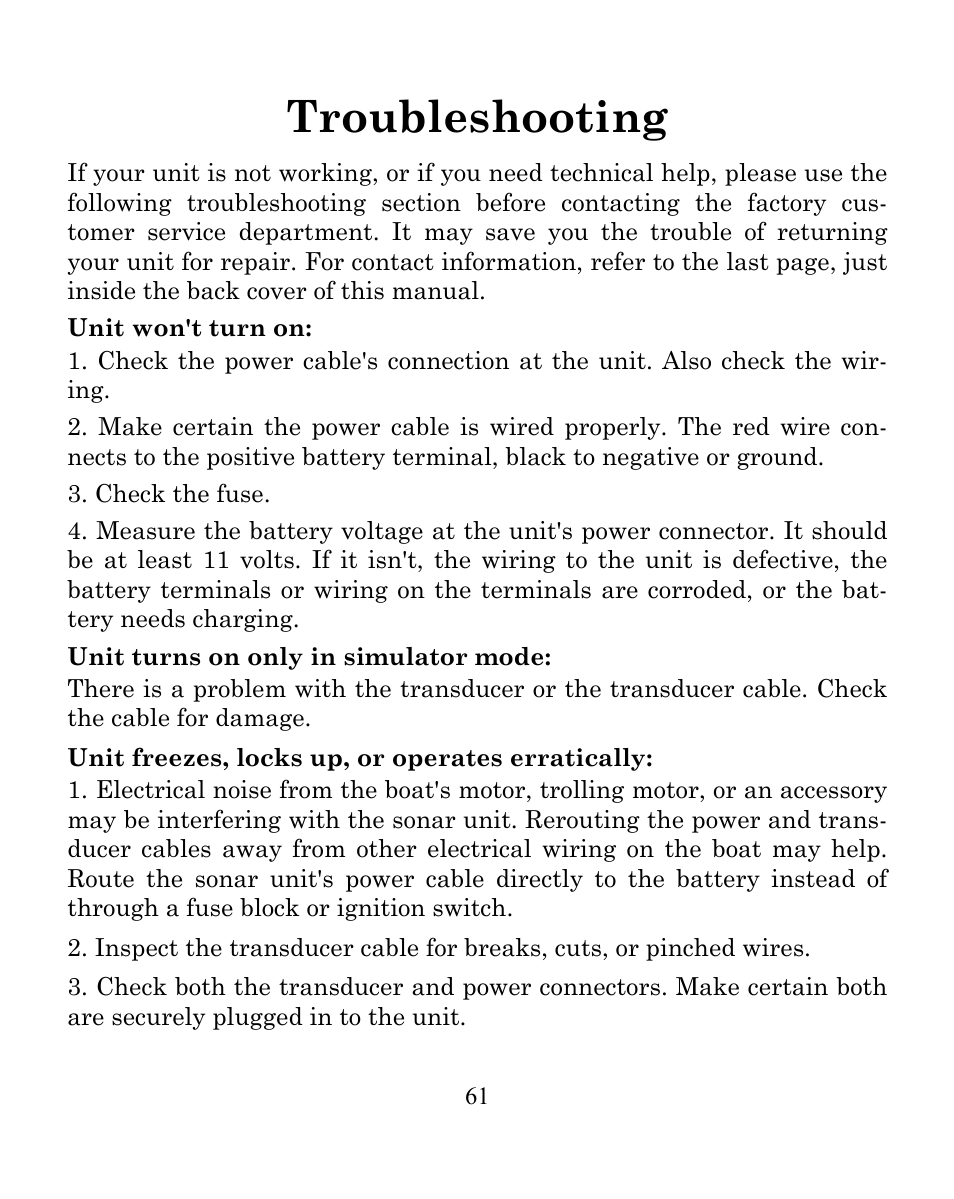 Troubleshooting | Eagle Electronics FISHEASY 245DS User Manual | Page 65 / 72