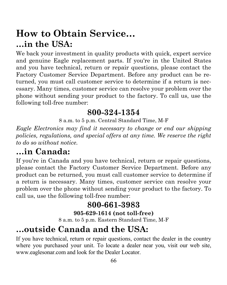 How to obtain service, Outside canada and the usa | Eagle Electronics FISHEASY 245DS User Manual | Page 70 / 72