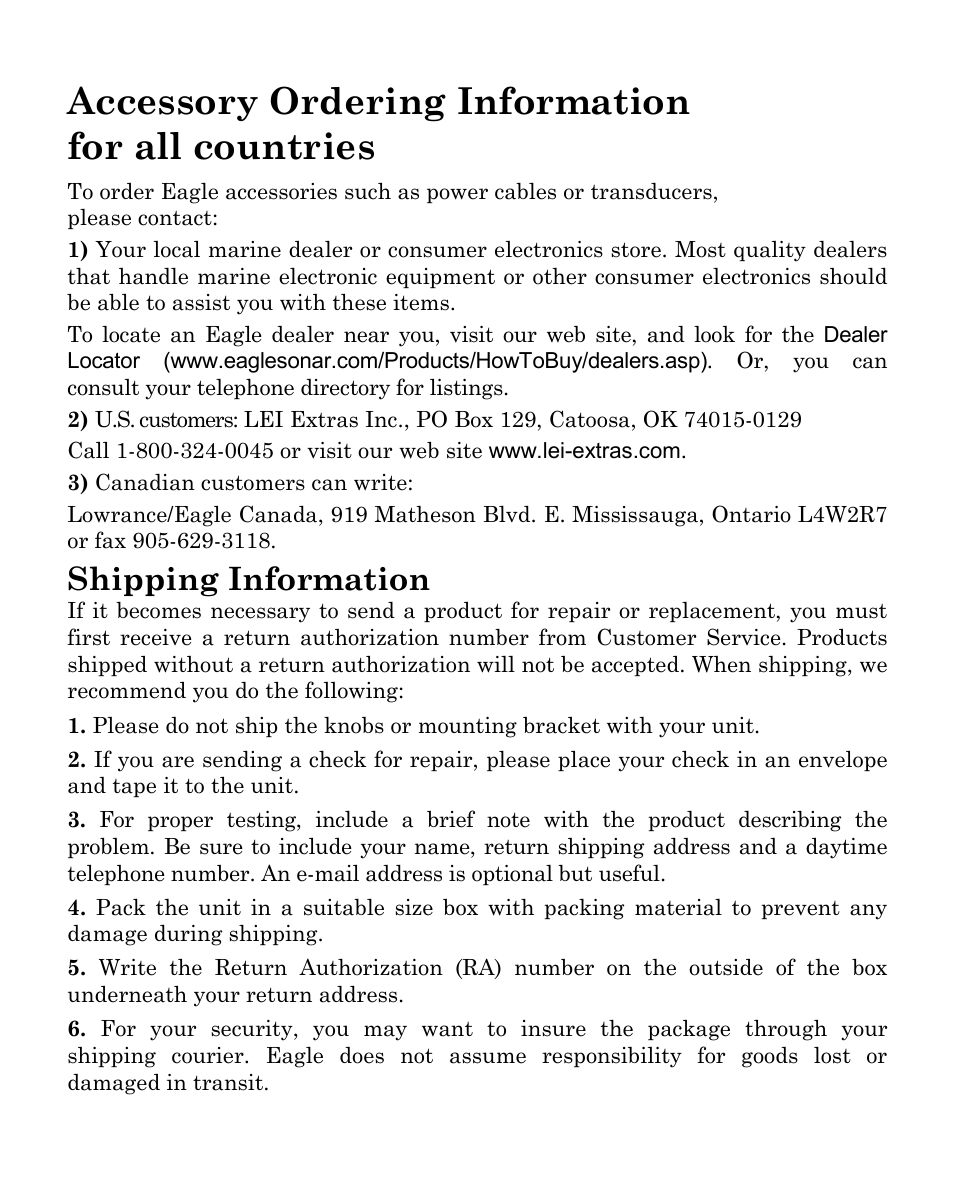 Accessory ordering information for all countries, Shipping information | Eagle Electronics FISHEASY 245DS User Manual | Page 71 / 72