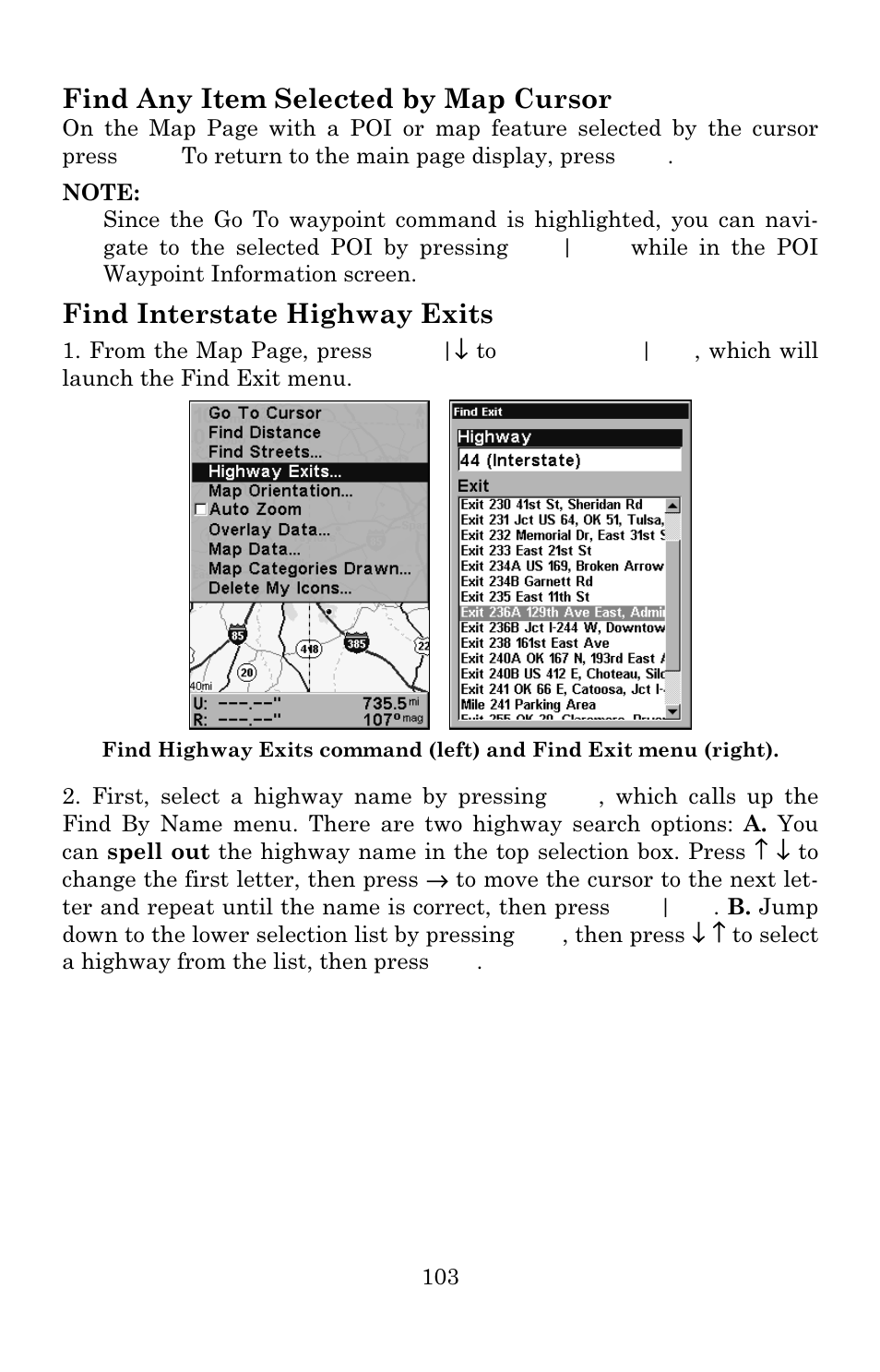 Find any item selected by map cursor, Find interstate highway exits | Eagle Electronics 642c iGPS User Manual | Page 109 / 132