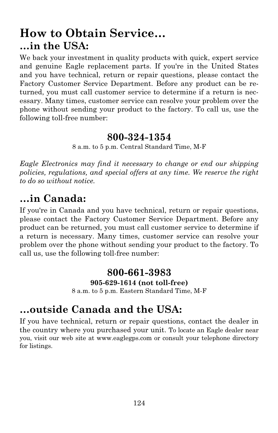 How to obtain service, Outside canada and the usa | Eagle Electronics 642c iGPS User Manual | Page 130 / 132
