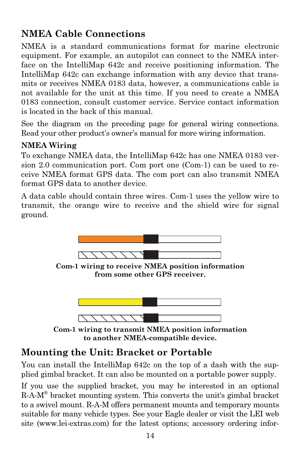 Nmea cable connections, Mounting the unit: bracket or portable | Eagle Electronics 642c iGPS User Manual | Page 20 / 132