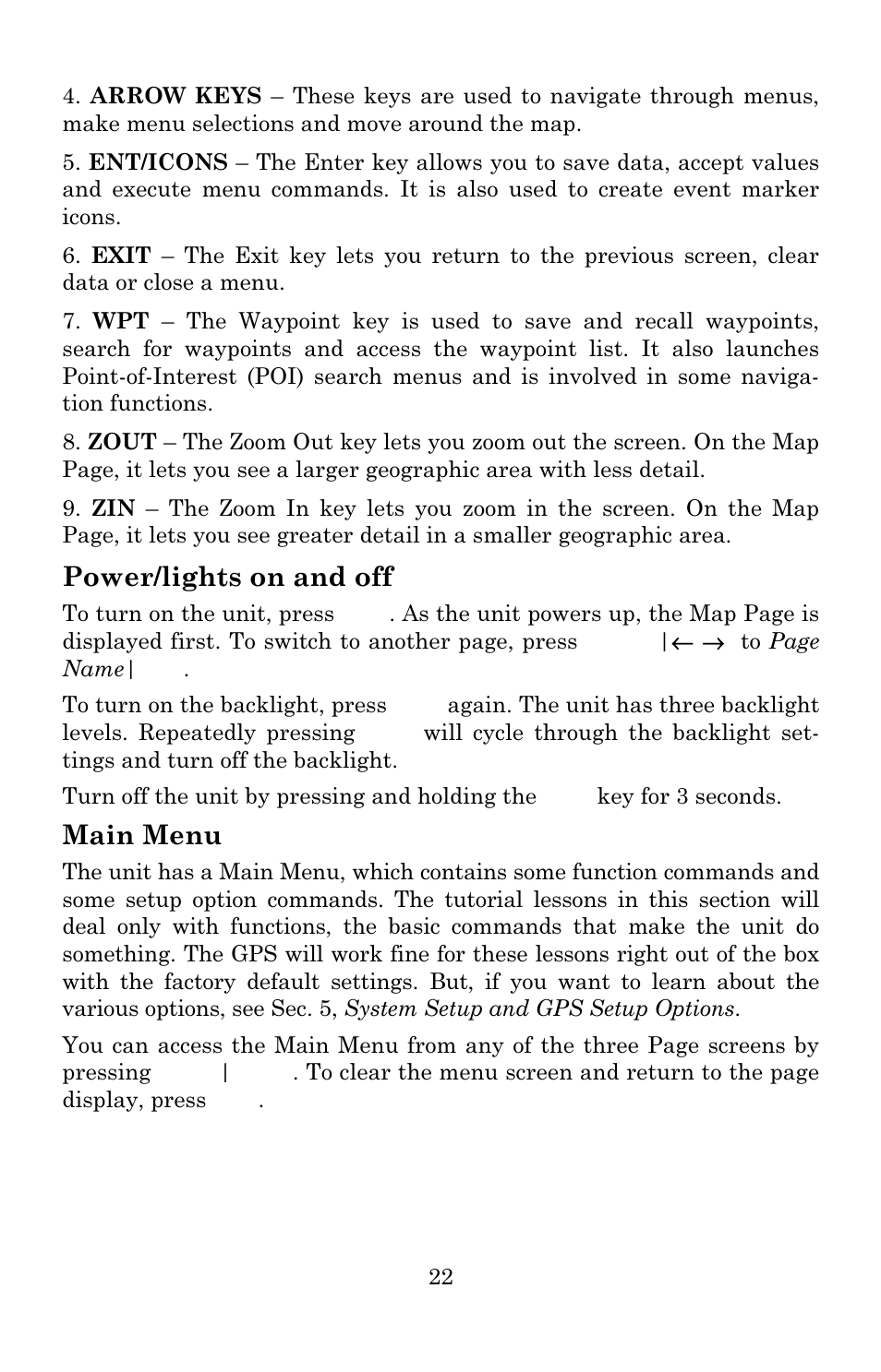 Power/lights on and off, Main menu | Eagle Electronics 642c iGPS User Manual | Page 28 / 132