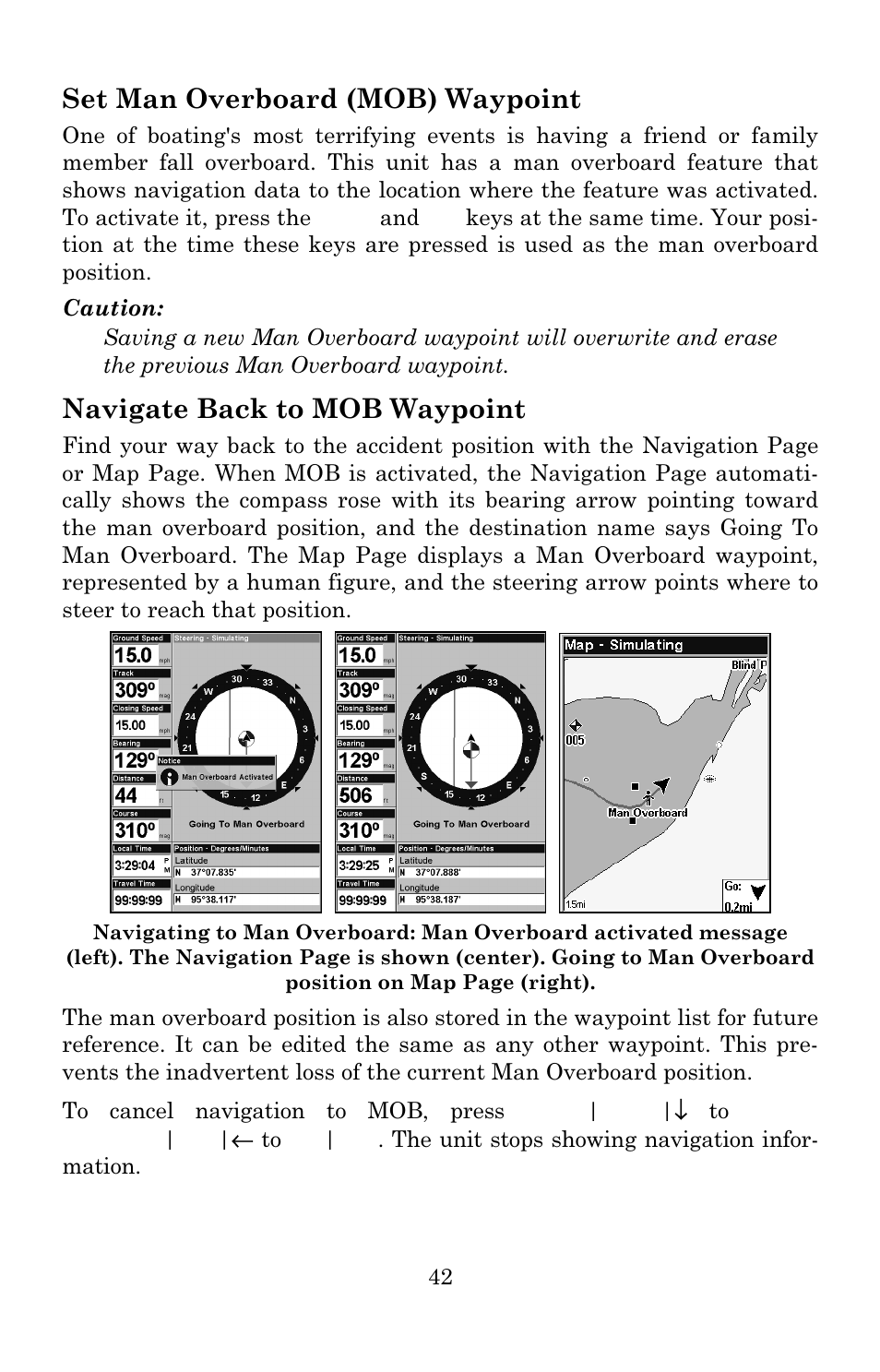 Set man overboard (mob) waypoint, Navigate back to mob waypoint | Eagle Electronics 642c iGPS User Manual | Page 48 / 132